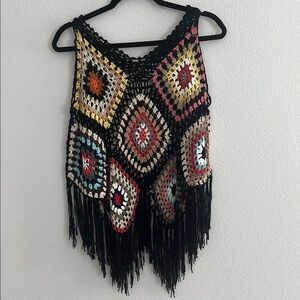Boho Crochet Granny Square Fringe Tank Top | Beach Cover Up | Festival Vibes S/M